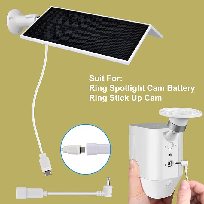 Solar Panel for Ring Camera Spotlight Cam Plus/Pro(Battery) & Stick Up Cam/Pro Battery,4W 5V 10ft Long Cable with USB-C to Barrel Plug Adapter (White,Camera is not Included)