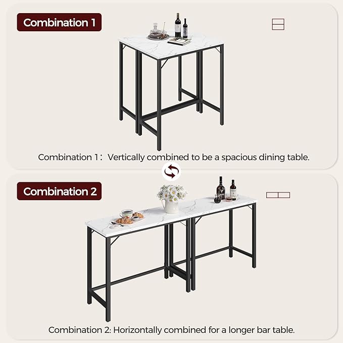 Narrow Bar Table, 63-Inch Pub Table for Dining Room, Counter Bar Tables with Sturdy Metal Frame, Connectable Bar Table, Multifunctional Console Table, Marble and Black BTHM1601