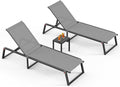 Aluminum Pool Lounge Chairs Set of 2 with 1 Side Table, Foldable Outdoor Chaise Lounge 5-Position Lounge Chirs for Outside Poolside, Fully Grounded Legs Sun Lounger for Beach, Yard, Dark Grey