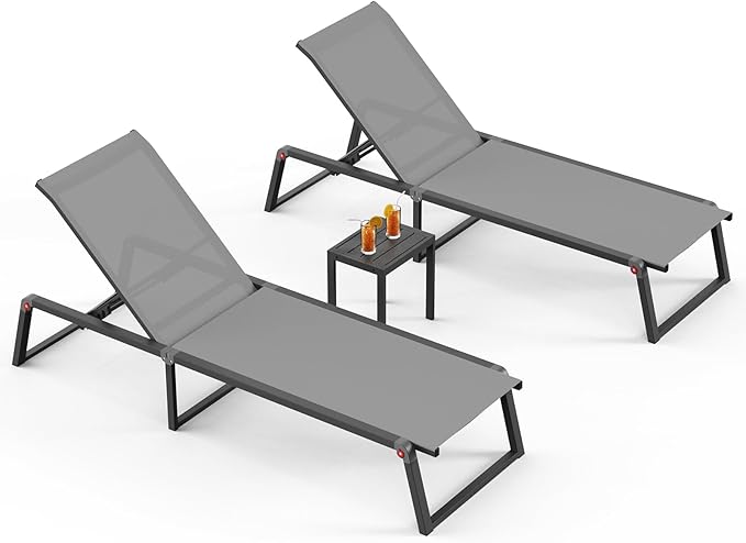 Aluminum Pool Lounge Chairs Set of 2 with 1 Side Table, Foldable Outdoor Chaise Lounge 5-Position Lounge Chirs for Outside Poolside, Fully Grounded Legs Sun Lounger for Beach, Yard, Dark Grey