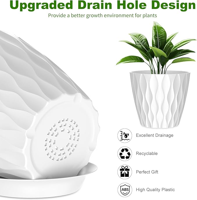6 Pack 7 Inch Indoor Plant Pots with Drainage Holes, Outdoor Plastic Decorative Flower Pots, Garden Planters with Tray Saucers for Orchids, Violets, Succulents, Herbs, and Other Plants