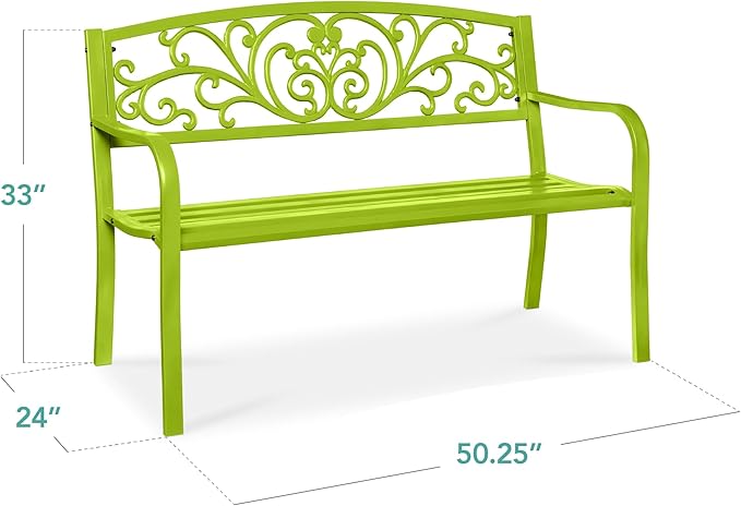 Best Choice Products Outdoor Bench Steel Garden Patio Porch Furniture for Lawn, Park, Deck w/Floral Design Backrest, Slatted Seat - Lime Green