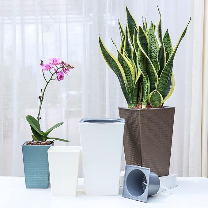 2 Pack Self Watering Planters 10.7" x 6.9" Planter for Indoor Plants White Self Watering Violet Pots Plastic Flower Pots Square Planter with 3D Wallpaper Pattern