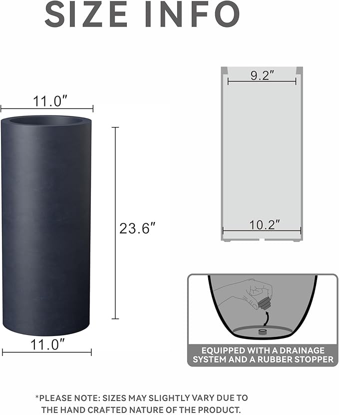 Kante 23.6 Inch Tall Cylindrical Planter, Large Round Plant Pots with Drainage Hole, Made with Concrete, Suitable for Indoor Outdoor Plants, Home Decor, Charcoal