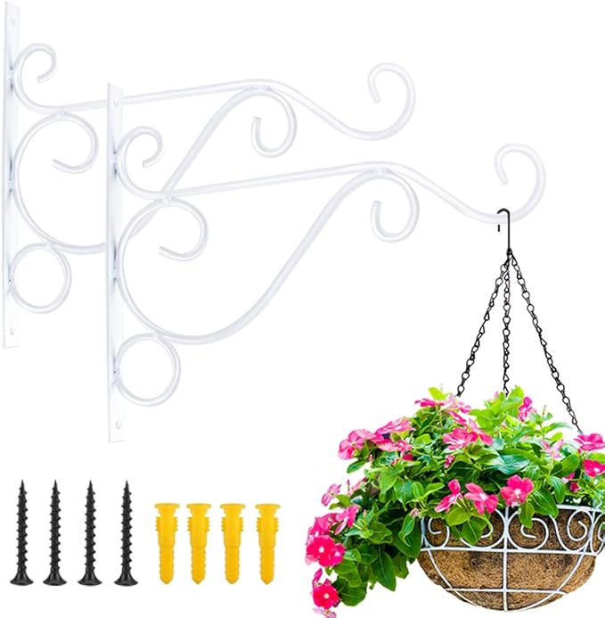 KABB Hanging Plant Bracket, 2 Pcs 10 Inch Iron Decorative Wall Planter Hanger Hooks for Hanging Plants Flower Baskets Wind Chimes Bird Feeders, Indoor Outdoor Rustic Home Decor, White