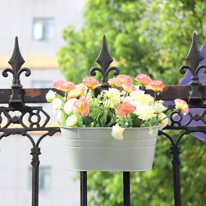 3 Pack Metal Railing Planters, 10.5" Oval Hanging Flower Pots with Detachable Hooks & Drainage Holes, Fits Rails up to 2.36", Galvanized Iron Fence Bucket for Balcony Garden Patio - Blue