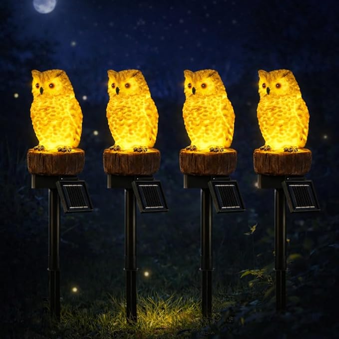 iStatue 4PC Solar Owl Garden Stake Lights Gifts for Women Mom Dad Mother's Day Realistic Resin Owl Outdoor Garden Decor, Warm Glow LED for Lawn Yard Pathway (4-Pack, Owl)