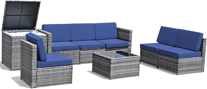 Tangkula 8 Pieces Wicker Patio Furniture Set with Storage Deck Box, PE Rattan Outdoor Sectional Sofa Conversation Set with Coffee Table & Cushions, Outside Furniture for Garden Yard Poolside (Navy)