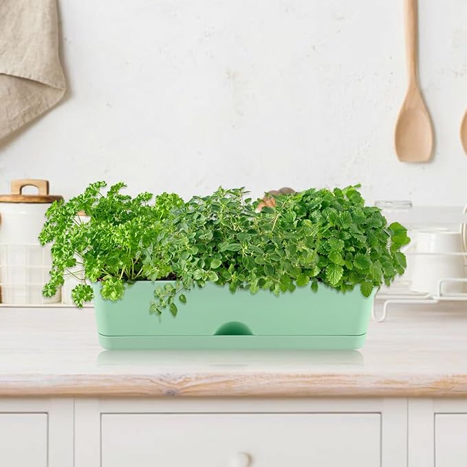 6 Pack Rectangle Planter 16x4.4 Inch Window Boxes Planters Rectangular Large Window Sill Planters Indoor Self Watering Plant Pots with Drainage Holes and Saucers Succulent Herb Flower Pots, Green
