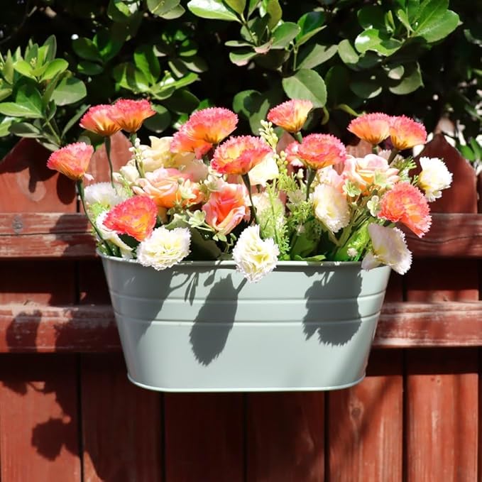 3 Pack Metal Railing Planters, 10.5" Oval Hanging Flower Pots with Detachable Hooks & Drainage Holes, Fits Rails up to 2.36", Galvanized Iron Fence Bucket for Balcony Garden Patio - Blue