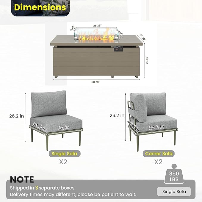 Sundale Outdoor 5 Pieces Patio Furniture Set with Fire Pit Table, Metal Outdoor Sectional Sofa with 6 Inch Olefin Cushion, All-Weather Modern Outdoor Conversation Sets for Backyard, Poolside