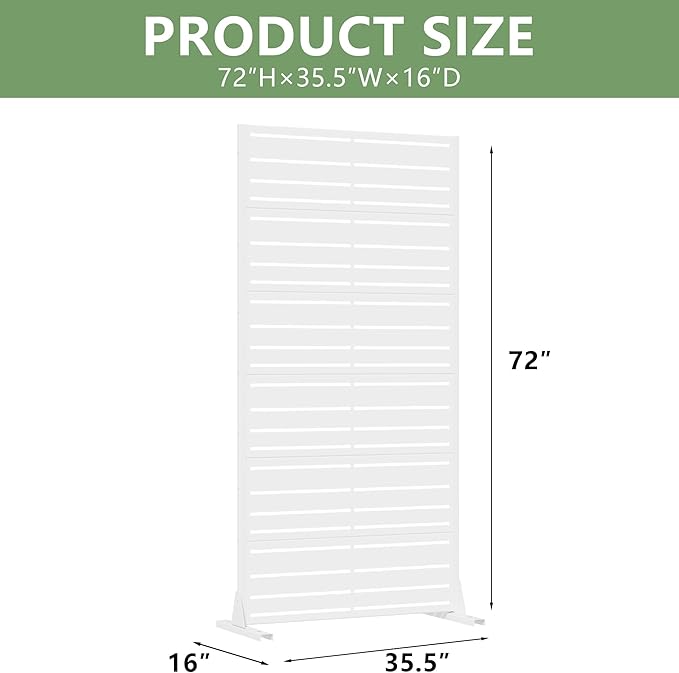 Casaphoria Metal Privacy Screen Outdoor, 72" H x 35" W Freestanding Decorative Privacy Screen for Patio Deck Balcony Garden with Stable Base, White-Benjamin