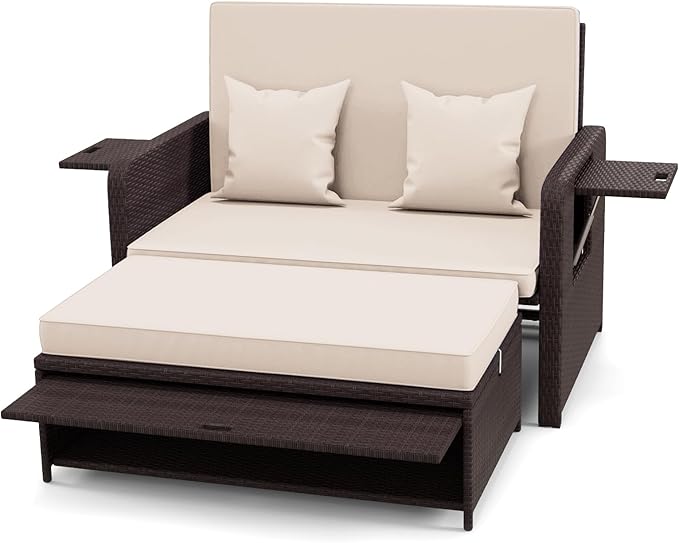 Nightcore Wicker Patio Outdoor Daybed, Outdoor Chaise Lounger w/ 4-Level Adjustable Backrest, Retractable Side Trays, Storage Ottoman, Comfortable & Removable Cushions, Rattan Loveseat (Beige)