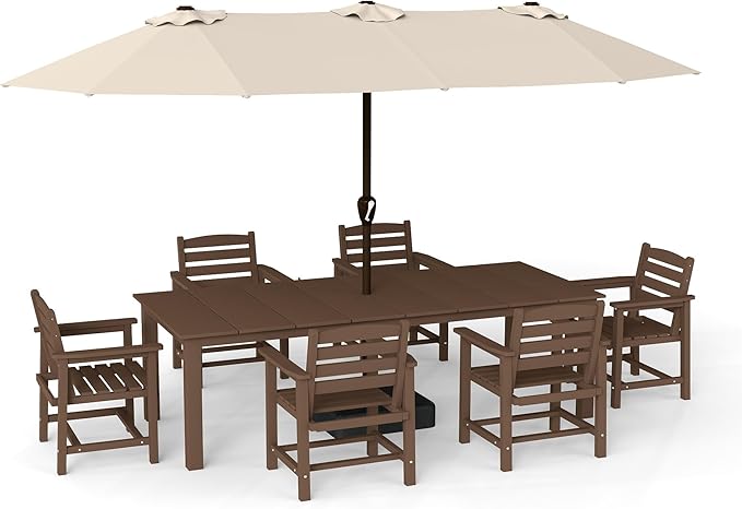 7-Piece Brown Outdoor Dining Set with White 15FT Large Patio Umbrella, 75.2'' HDPE Table & Chairs for 6, Weather-Resistant Furniture with Umbrella Hole for Patio, Lawn, Poolside