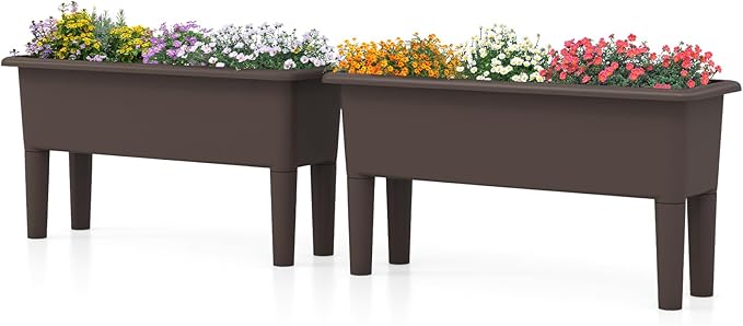 Giantex Raised Garden Beds Outdoor Set of 2, Self-Watering Planter Box with Detachable Legs & Drainage Hole, Outdoor Raised Container for Vegetable Fruit Herbs, 31.5”Lx12”Wx16”H, Easy Assembly (Brown)