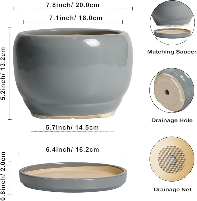SQOWL Ceramic Pot for Plants - 8 Inch Plant Pot Indoor with Drainage Hole and Saucer, Round Planter Outdoor, Decorative Modern Planter for Flower, Bedroom Decor, Plant Lovers Gifts, Gray