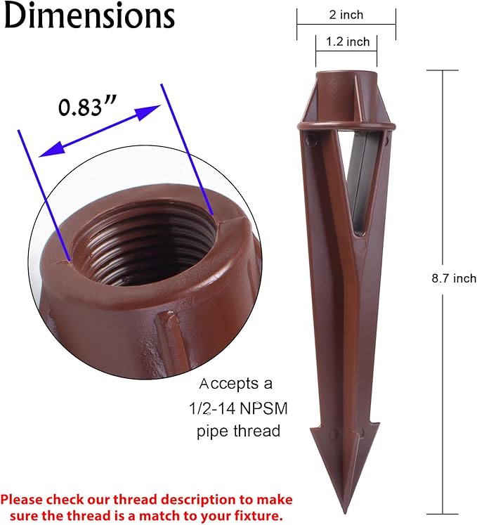 Ground Spike Stake Replacement for Low Voltage Landscape Lighting Spot Path Flood Lights with 1/2-14 NPT Thread, High-Impact ABS Construction