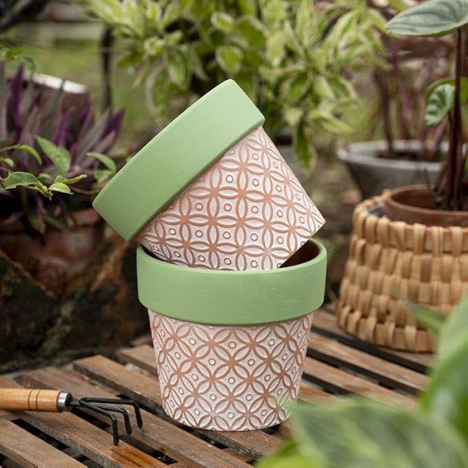Terracotta Plant Pots Set of 2-5.9 Inch Vintage Pattern Clay Flowerpots with Green Rim & Drainage Holes, Decorative Terra Cotta Pots for Indoor Outdoor Garden Home Decor