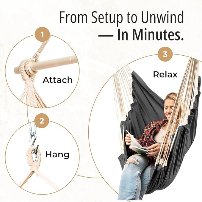 Hanging Hammock Chair Swing – Hanging Chair Outdoor & Indoor - Hammock Swing Chair – Quick & Easy Setup with Hardware Kit – Durable & Spacious Full Body Support – Holds 440 Lbs