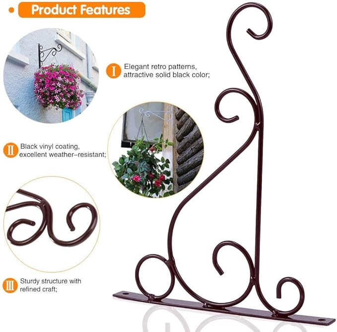 KABB Hanging Plant Bracket, 2 Pcs 10" Iron Decorative Wall Hanger Hooks for Hanging Plants Flower Baskets Bird Feeders Wind Chimes, Indoor Outdoor Rustic Home Decor, Coffee Color