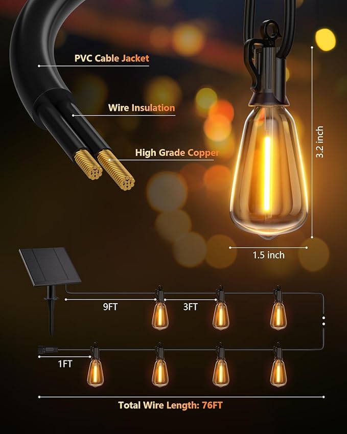 Brightown 76FT Solar String Lights Outdoor Waterproof with Remote, 23+1 LED Shatterproof Bulbs, Dimmable & Timable, 3 Light Modes - Commercial Grade Patio Lights for Garden Backyard Party Decor