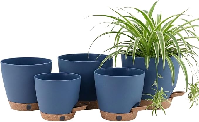 montresor 5-Pack 5/5.5/6/6.5/7 Inch Reservoir & Drainage Plastic Self Watering Flower Pots– Ocean Blue Indoor Plant Pots with Wick System for Peace Lily, Fern, Spider Plant