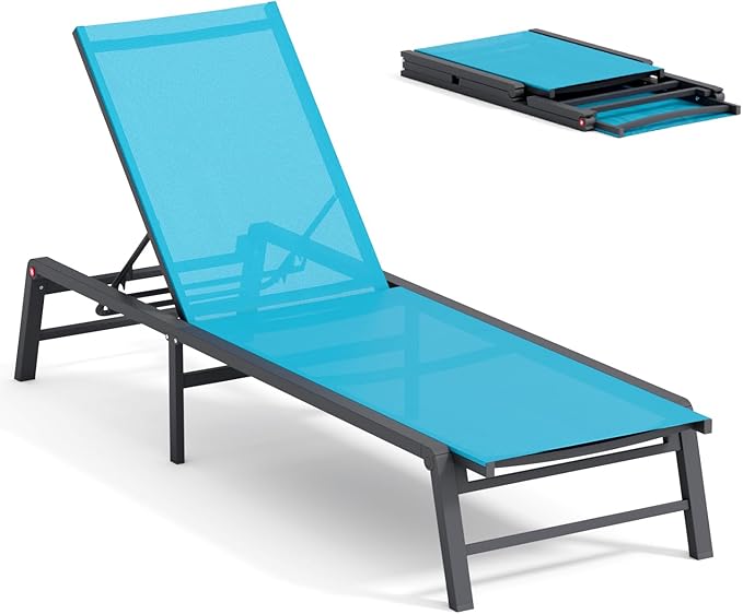 Aluminum Chaise Lounge Chair Outdoor, Foldable Patio Lounge Chair Assemble-Free, Pool Lounge Chairs with 5 Adjustable Backrest, Outdoor Lounge Chairs for Outside Poolside Beach Lawn Blue