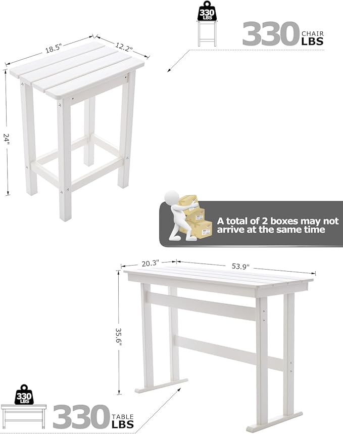 3 Piece HDPE Outdoor Bar Height Table and Chairs Set of 2 Includes High Top Patio Table and Chairs, Outside Patio Bar Set for Bistro,Balcony,Backyard,Poolside (White, 3 Piece)