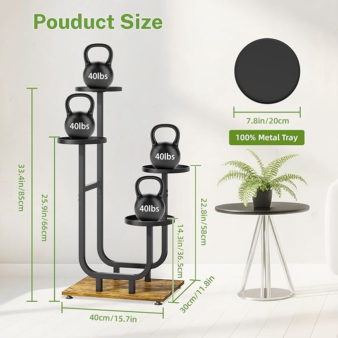 iDavosic.ly 4 Tier Plant Stand Indoor, Corner Tiered Multiple Flower Holder Shelf with Metal Trays, Orchid Display Wooden Rack for Patio Porch Living Room Balcony Outdoor, Modern Black & Rustic Brown