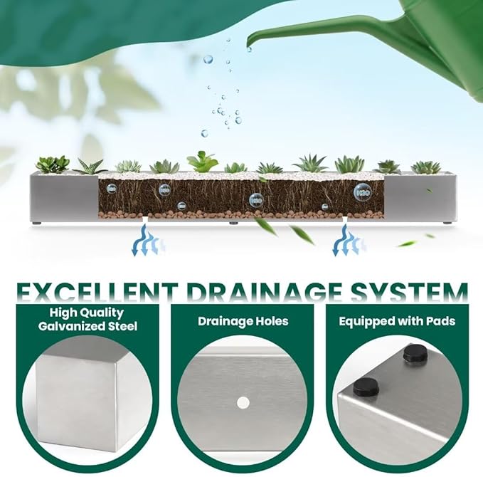 Trough Rectangle Planter Long Window Sill Planter Box Stainless Steel Window Planters Modern Succulent Planter Slivery 32 in Metal Windowsill Pot for Indoor Plants Herb Table Home Outdoor