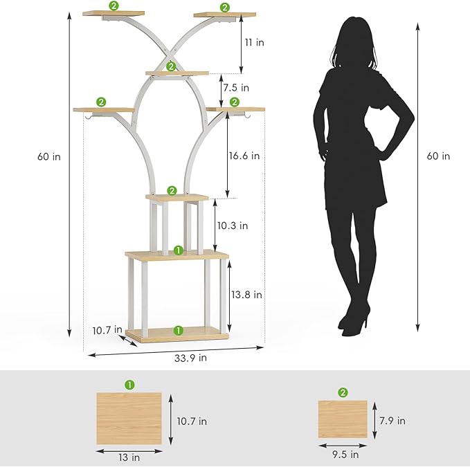 Elbourn Plant Stand Indoor with Grow Lights - 60" Tall Metal Plant Shelf for Multiple Plants, 8 Tiered Corner Plant Stands for Indoor Plants, X - Shaped Decorative Rack for Home, Living Room & Patio Decor (White)