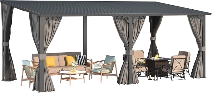 AECOJOY 20'x10' Outdoor Hardtop Metal Gazebo with Curtains and Netting for Patio, Large 10x20 Lean to Heavy Duty Wall Mounted Pergolas and Grill Gazebos Clearance, Patio Steel Roof Awnings for Decks