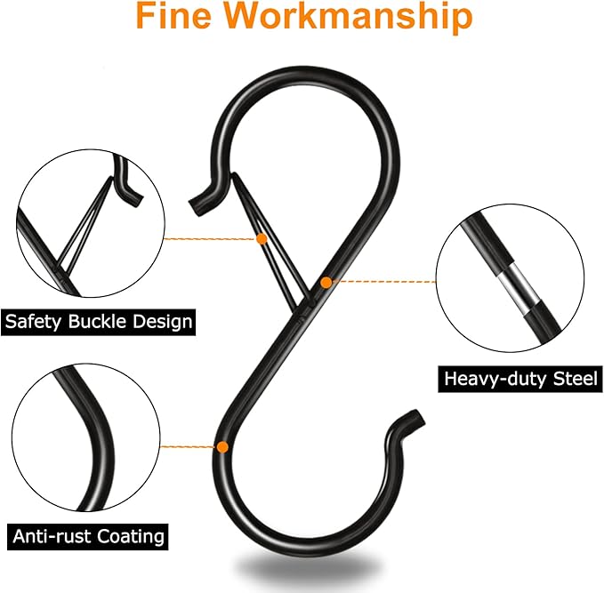 16 Pack Heavy Duty S Hooks with Safety Buckle - S Shaped Hooks for Hanging Plants, Clothes, Kitchen Utensils, Bags (Black)