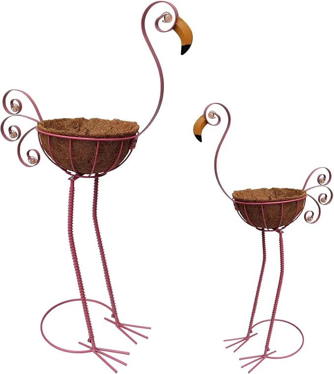Metal Flamingo Planter with Basket -Garden Bird Planters for Outdoor Indoor Lawn,Yard,Porch,Patio, Garden Decorations（Set of 2）