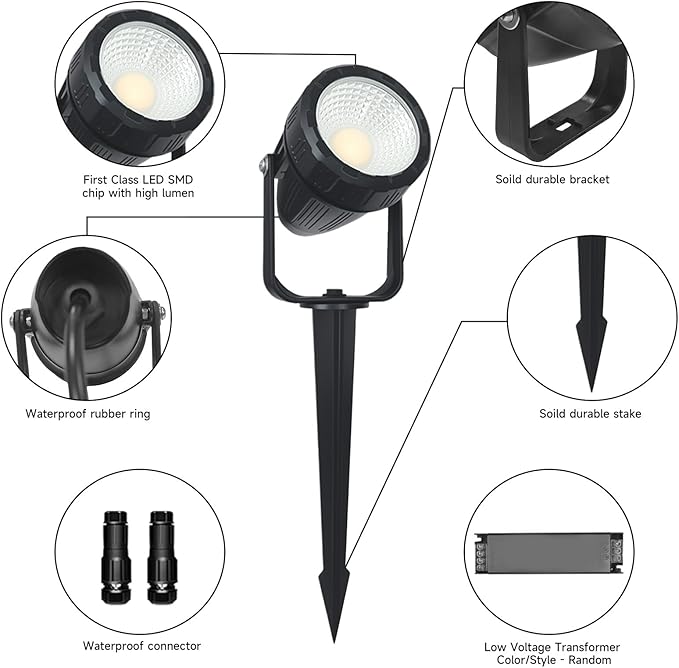 Low Voltage Safety Landscape Lights Outdoor: 7W 840LM LED Landscape Lighting with Connectors & Transformer for Tree Garden Yard Pathway | 24V Warm Yellow 3000K Spotlights | IP65 Waterproof | 12 Pack