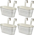 OBTANIM 4 Pack Metal Hanging Flower Pots Iron Railing Planter Outdoor Fence Hanging Pots Bucket Plant Holder with Detachable Hooks Drain Holes for Home Garden Yard Decor (White)