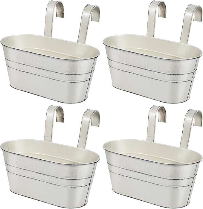 OBTANIM 4 Pack Metal Hanging Flower Pots Iron Railing Planter Outdoor Fence Hanging Pots Bucket Plant Holder with Detachable Hooks Drain Holes for Home Garden Yard Decor (White)