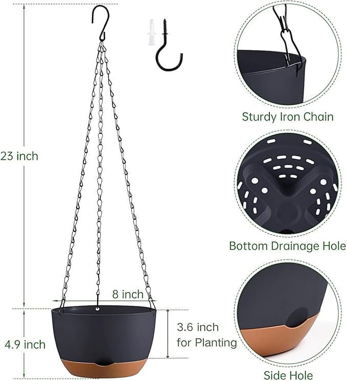 Hanging Planters for Indoor Plants, Set of 2 8/10 Inch Self-Watering Hanging Pots with Drainage Hole & Removable Water-Storage Tray II Screw-in Hooks