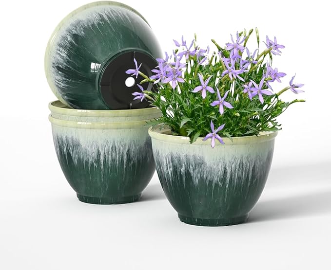 Flower Pots, 8 Inch Plastic Plant Pots for Plants, Set of 4 Planter for Indoor Outdoor Plants with Drainage Hole, Sleek Small Nursery Planting Pot for Home Garden Outdoor Planters(Green Glaze)