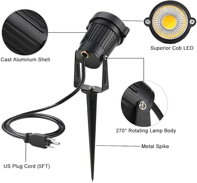 Romwish LED Landscape Spotlights, 10W Outdoor Spotlights for Yard, 3000K Warm White, 120V AC Spot Light with Ground Spike, Waterproof Landscape Lighting for House Garden Lawn Decorative (12Pack/10W)