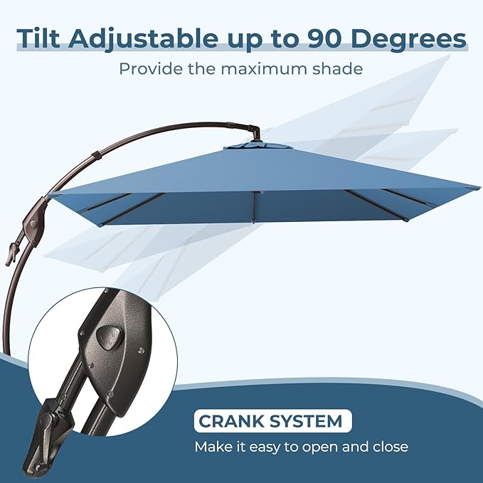 Grand patio Sunbrella 10x10 FT Cantilever Umbrella with Base Included Patio Square Aluminum Offset Umbrellas for Outdoor Pool (Sapphire Blue, 10X10 FT-SUNBRELLA)