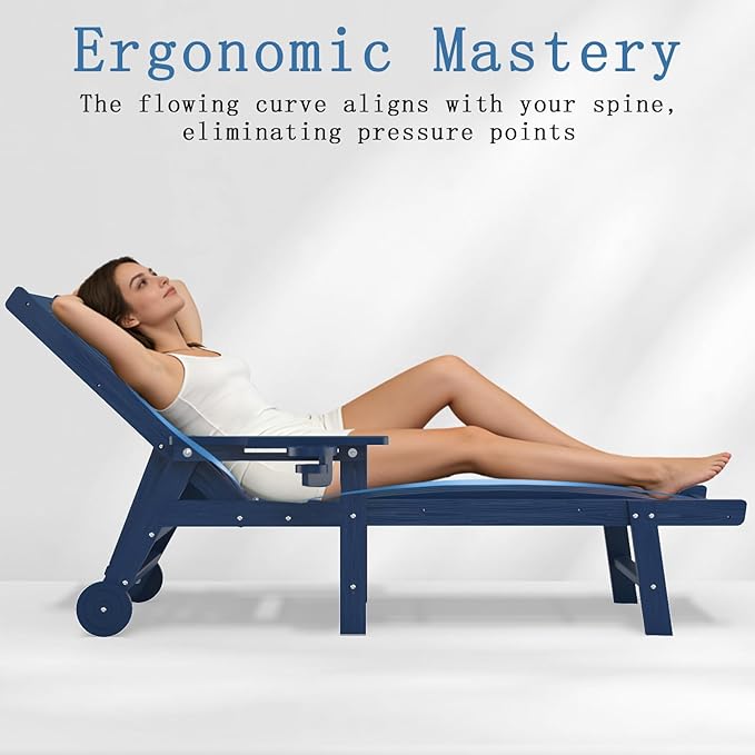 Patio Chaise Lounge Chair, Oversized Lounge Chair Outdoor with 5 Positions, HDPE, Patio Lounge Chair with Wheels & Cup Holder for Pool, Deck, Poolside,Navy Blue