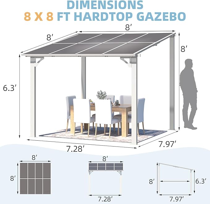 AECOJOY 8' x 8' White Gazebo Outdoor Pergola for Patio, Small Wall-Mounted Hard Top Lean to Metal Gazebo Shelter Pergolas and Gazebos Clearance with Patio Roof, Heavy Duty Awnings for Backyard