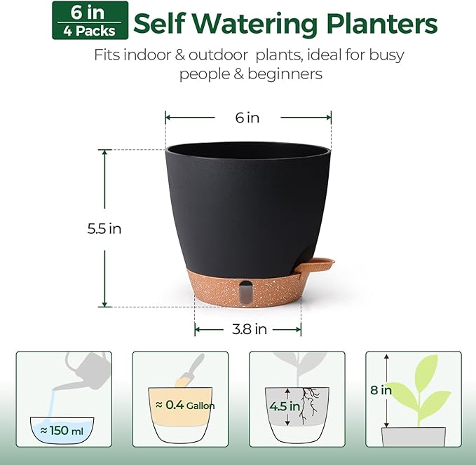 T4U 6 Inch Self Watering Pots for Indoor Plants - Mess-Free Bottom Watering Planter for Herbs/Pothos/Succulent Plants, Indoor Outdoor Use (Black, 4 Pack)