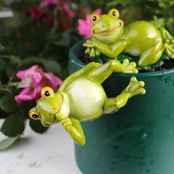 Set of 2 Funny Frog Statues Outdoor Flower Pot Hugger, Resin Hanging Frog Figurines Cute Climbing Animals Sculpture Plant Pot Decorations for Home Garden Patio Lawn Yard Ornaments (Keep Quiet)