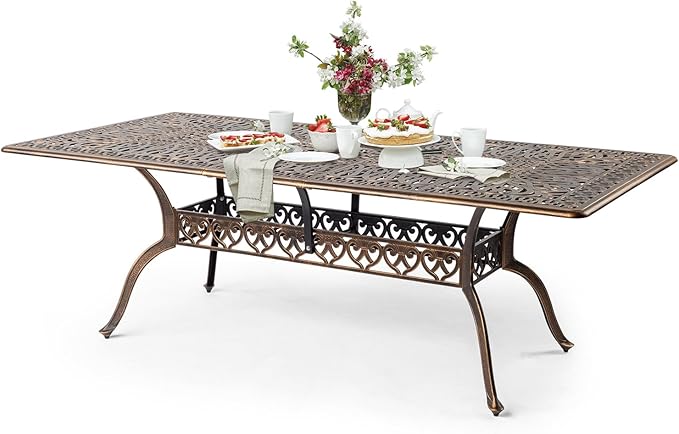 VINGLI 8-Person Outdoor Dining Table, Metal Dining Table with Umbrella Hole Cast Aluminum Patio Table, Rectangle Table Outdoor Furniture Garden Table (87”Lx42W”x28.5”H)