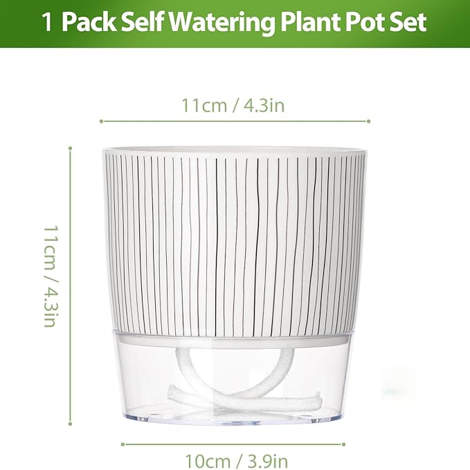 Self Watering Pots for Indoor Plants, 4 and 5.3 Inch, Plastic, Black Stripes, Round, Modern, Tabletop