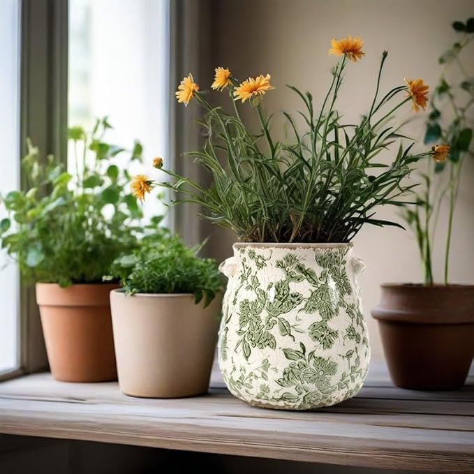 Vintage Plant Pot Rustic Planter Container with Drainage Hole Ceramic Ice Crack Flower Pot Decorative Planter for Indoor and Outdoor Tuscan Decor Vase Gardening Gift (Green)