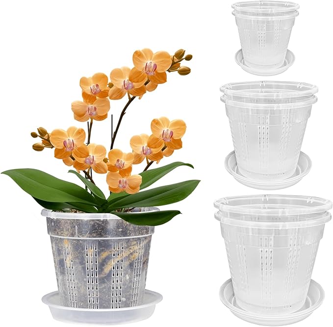 Orchid Pot with Saucers, 2 Each of 4.3",5.5",6.1" Orchid Pots with Holes, 6Pcs Clear Plastic Planter for Indoor Outdoor Plants (2 Each of 4.3,5.5",6.1" with Saucers)