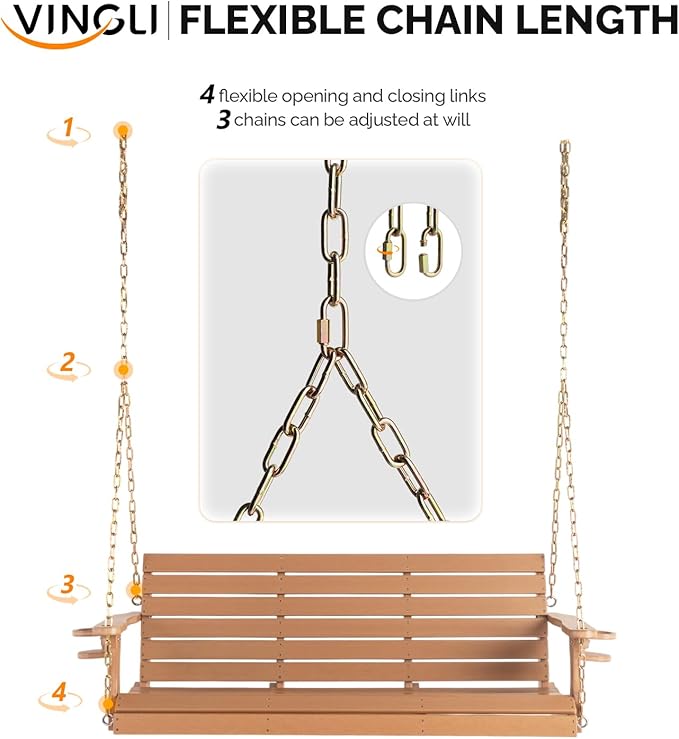 VINGLI Heavy Duty 1600 LBS HDPE Porch Swing Outdoor with Rotatable Cup Holder, 5 FT Patio Bench Swing with Adjustable Chains, 3 Person Hanging Porch Swing Chair for Porch, Yard, Tree, Garden - Teak